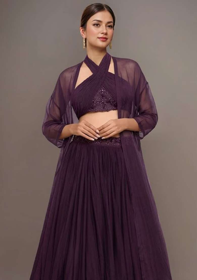 Ink Blue Embellished Georgette Lehenga Set with Handwork for Diwali | Wedding & Festive Wear - Indya