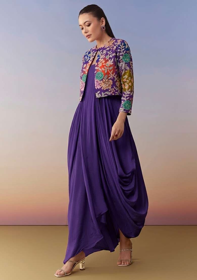 Royal Purple Sequin Crepe Fusion Set - Indya