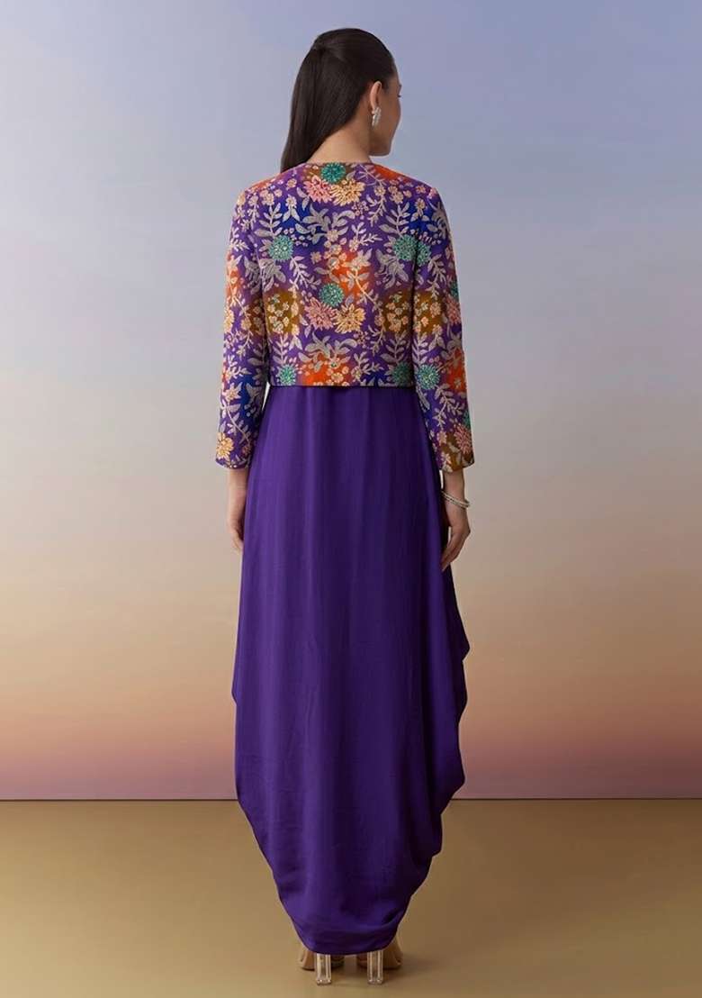 Royal Purple Sequin Crepe Fusion Set - Indya