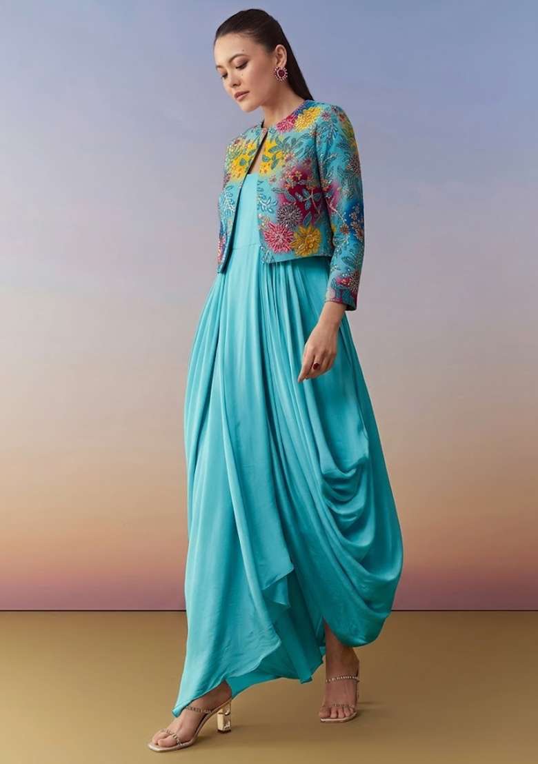 Aqua Blue Sequin Crepe Fusion Set - Indya