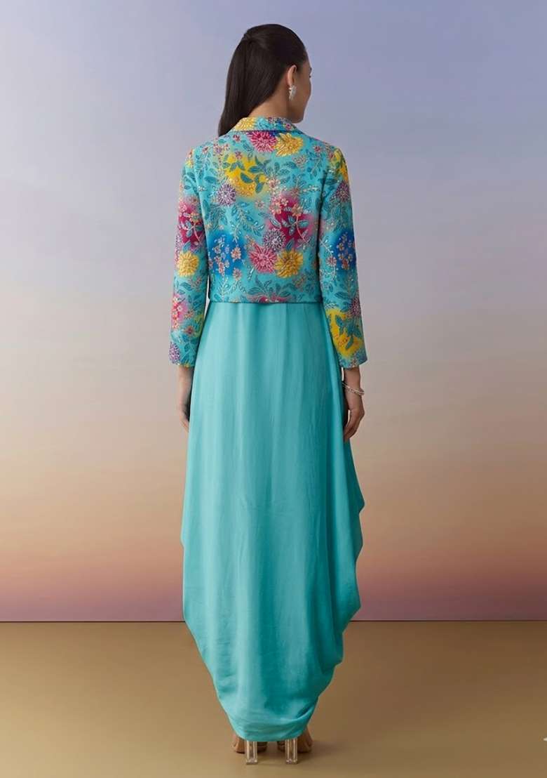 Aqua Blue Sequin Crepe Fusion Set - Indya