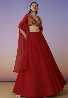 Bright Red Embroidered Crepe Lehenga Set
