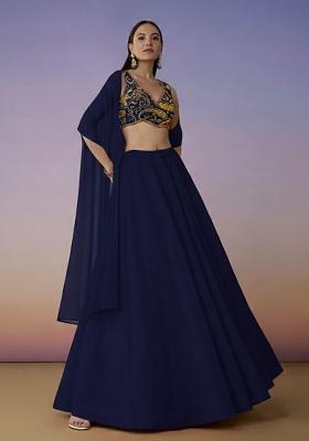 Navy Blue Embroidered Crepe Lehenga Set
