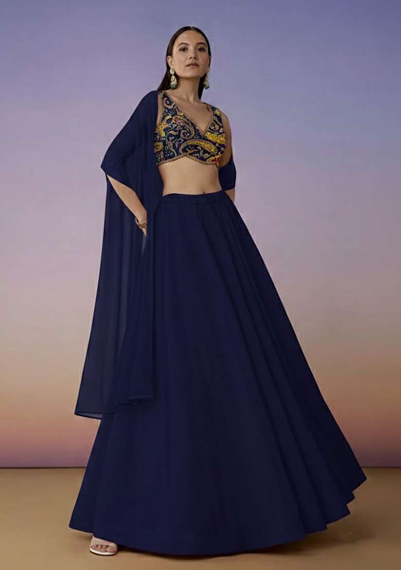 Navy Blue Embroidered Crepe Lehenga Set - Indya