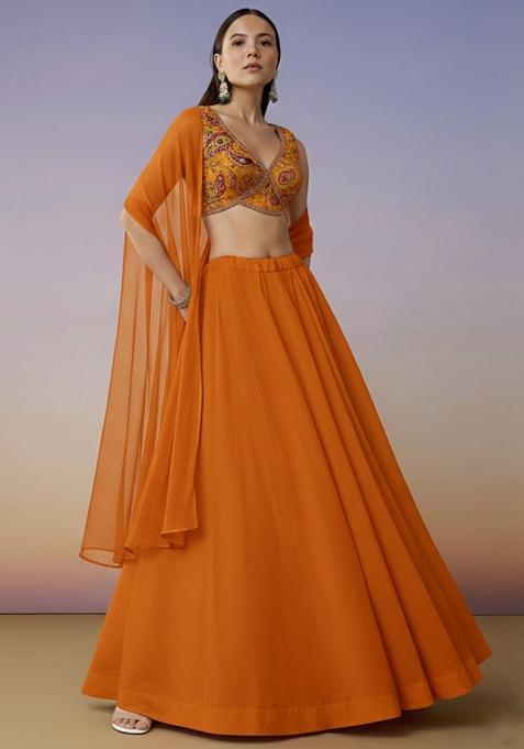Orange Embroidered Crepe Lehenga Set