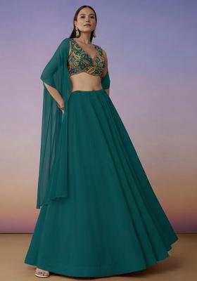 Teal Green Embroidered Crepe Lehenga Set