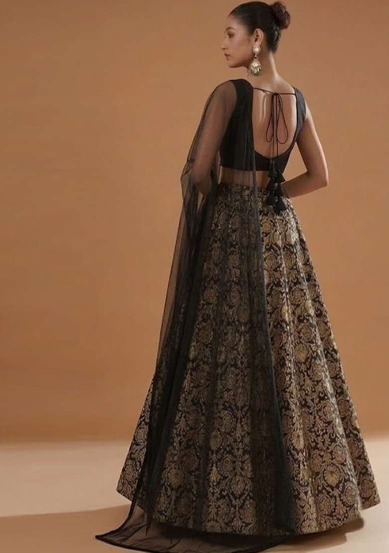 Black Silk Blend Lehenga Set - Indya