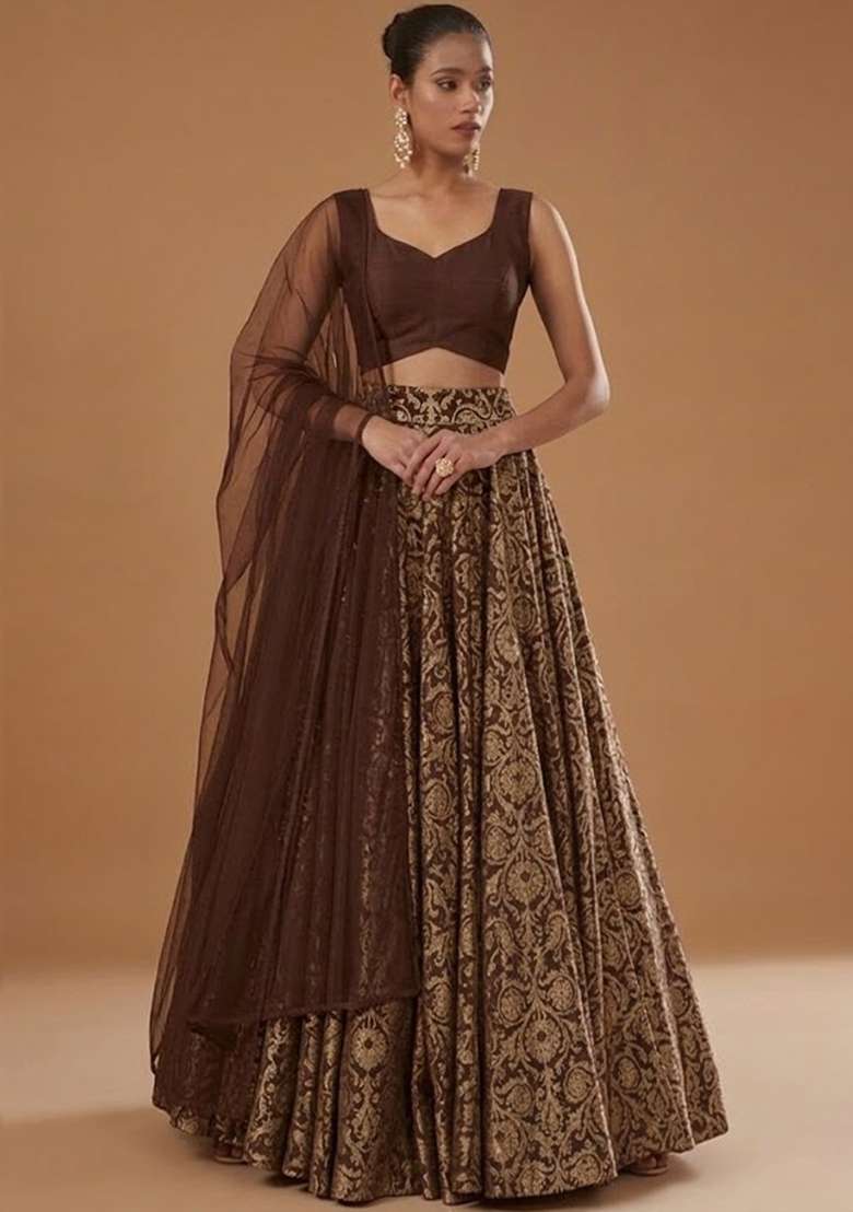 Brown Silk Blend Lehenga Set - Indya