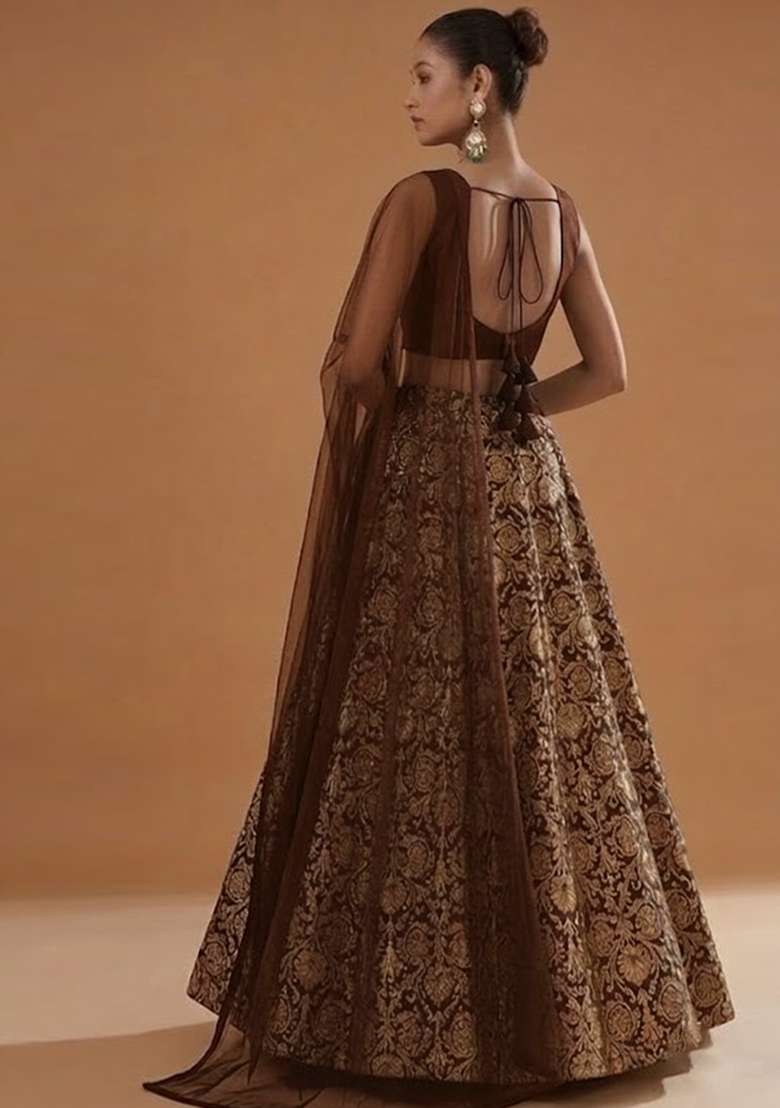 Brown Silk Blend Lehenga Set - Indya