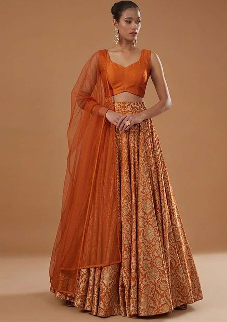 Orange Silk Blend Lehenga Set - Indya