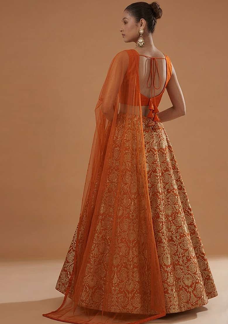 Orange Silk Blend Lehenga Set - Indya