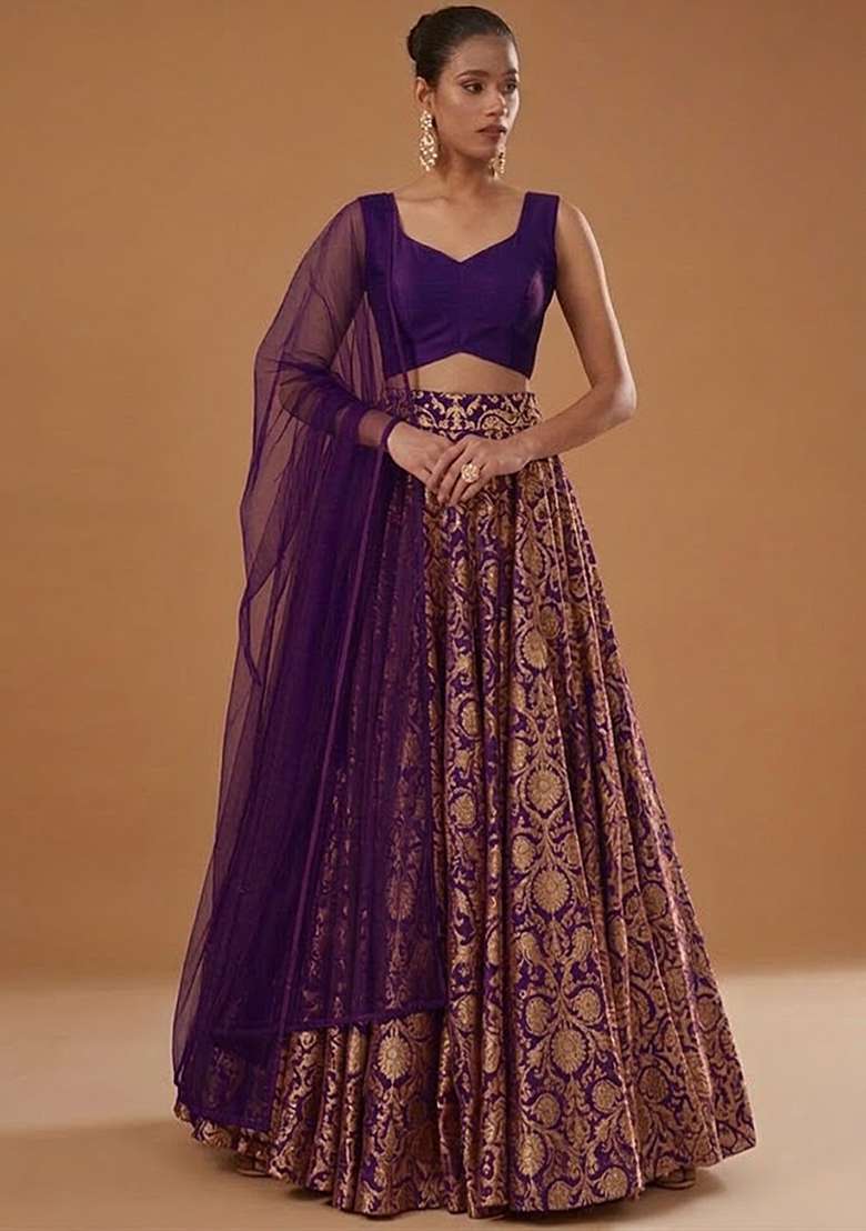 Purple Silk Blend Lehenga Set - Indya