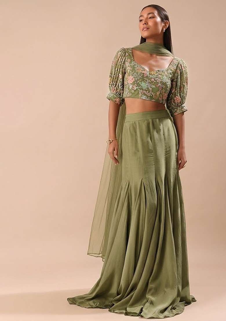Olive Green Sequin Crepe Lehenga Set for Diwali and Festive Wear - Indya
