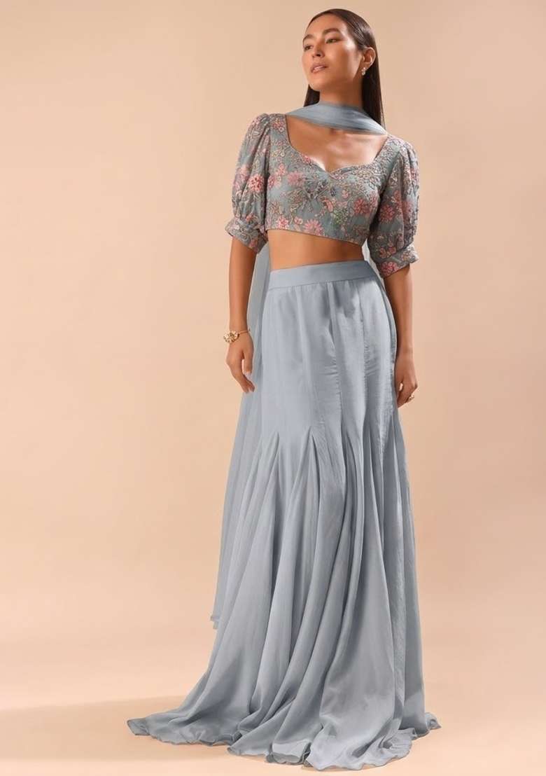 Grey Crepe Lehenga Set with Sequin for Diwali | Wedding & Festive Wear - Indya
