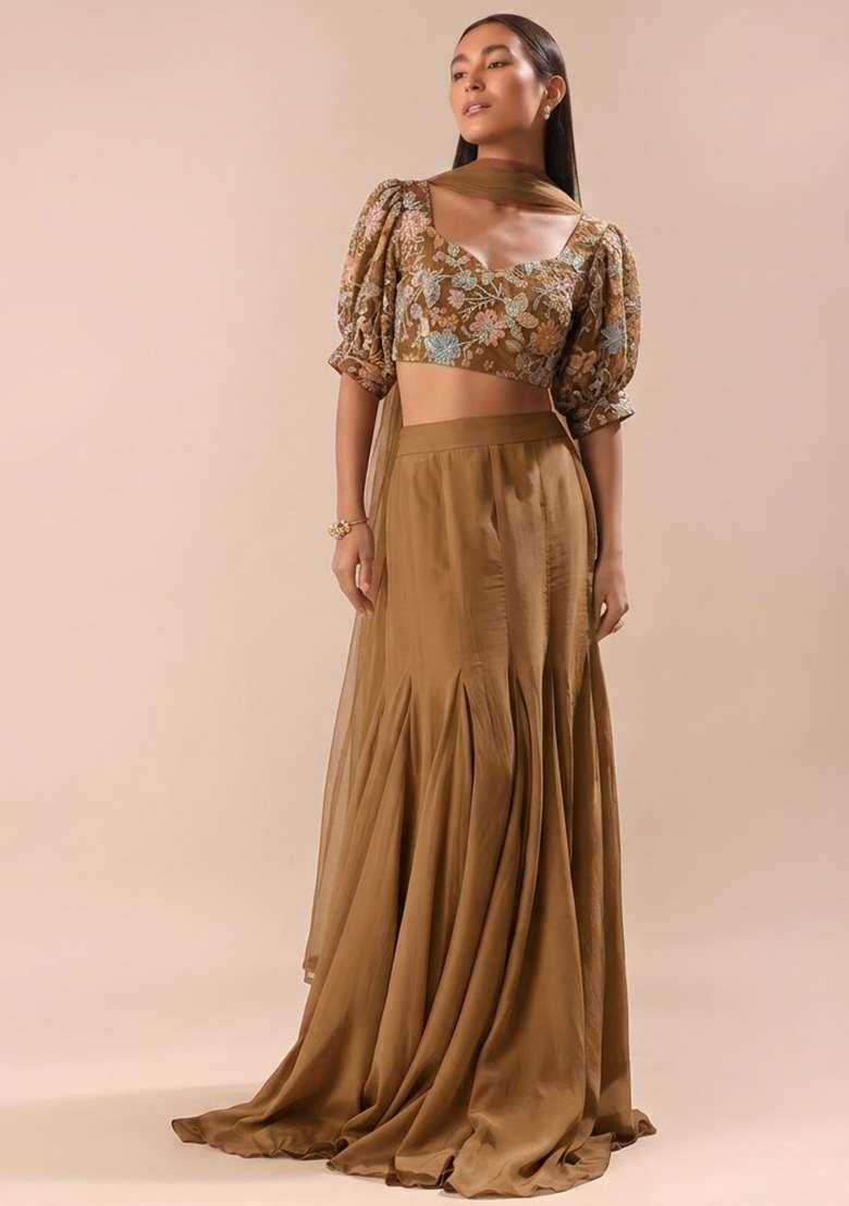 Brown Sequin Crepe Lehenga Set for Diwali and Festive Wear - Indya