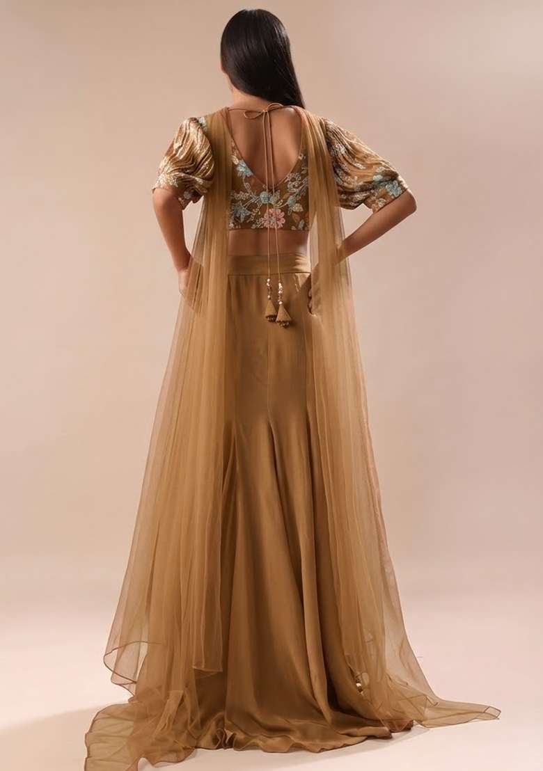 Brown Sequin Crepe Lehenga Set for Diwali and Festive Wear - Indya