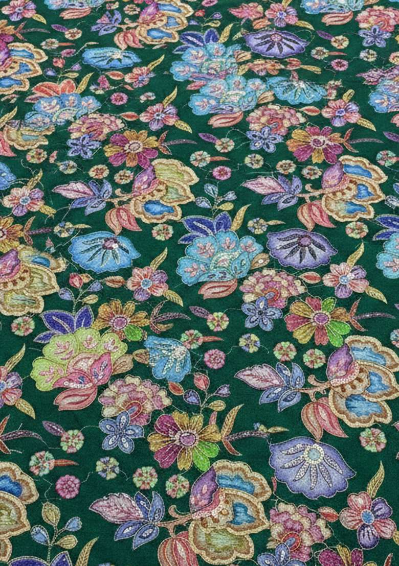 Dark Green Floral Print Chinon Lehenga Set - Indya