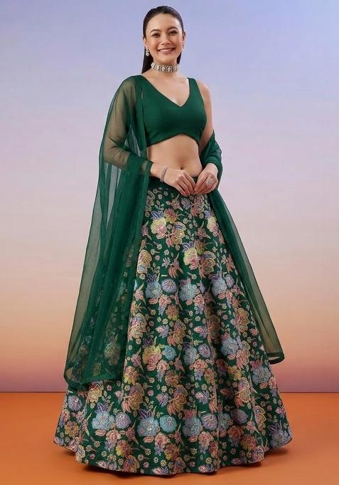 Dark Green Floral Print Chinon Lehenga Set