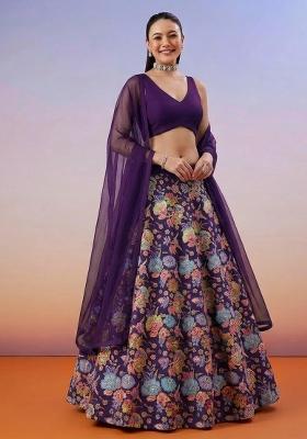 Royal Purple Floral Print Chinon Lehenga Set