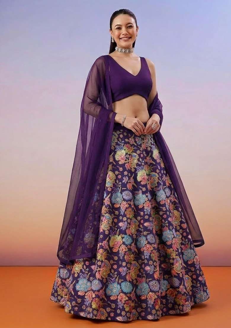 Royal Purple Floral Print Chinon Lehenga Set - Indya