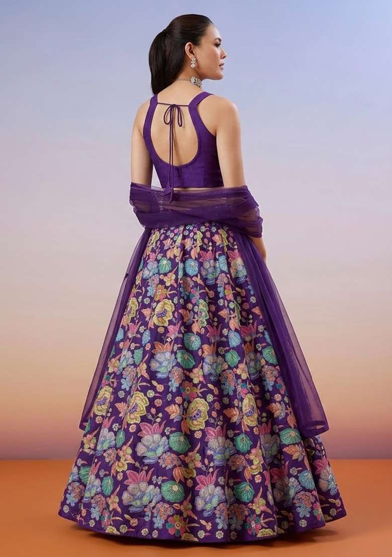 Royal Purple Floral Print Chinon Lehenga Set - Indya
