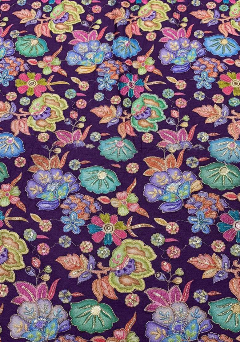 Royal Purple Floral Print Chinon Lehenga Set - Indya