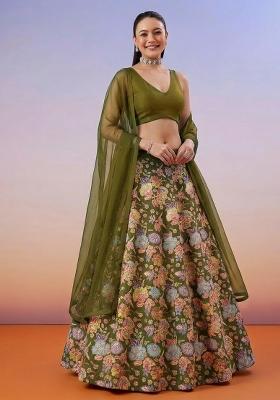 Olive Green Floral Print Chinon Lehenga Set