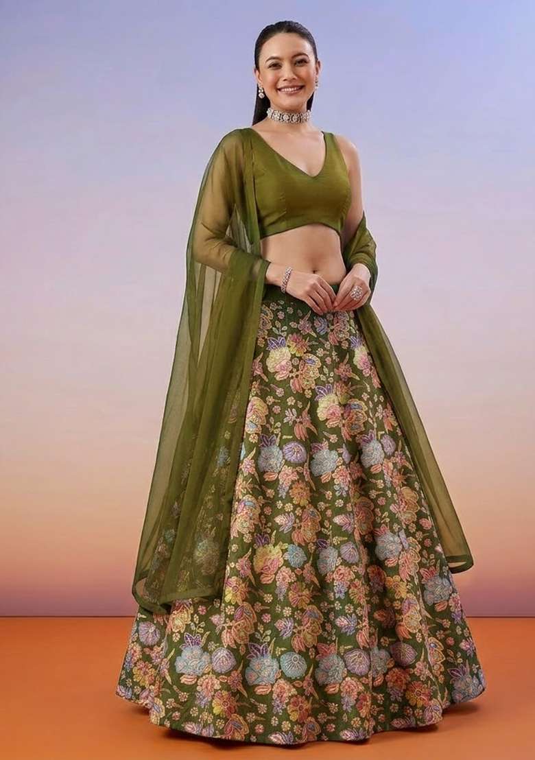 Olive Green Floral Print Chinon Lehenga Set - Indya
