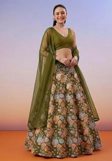 Olive Green Floral Print Chinon Lehenga Set