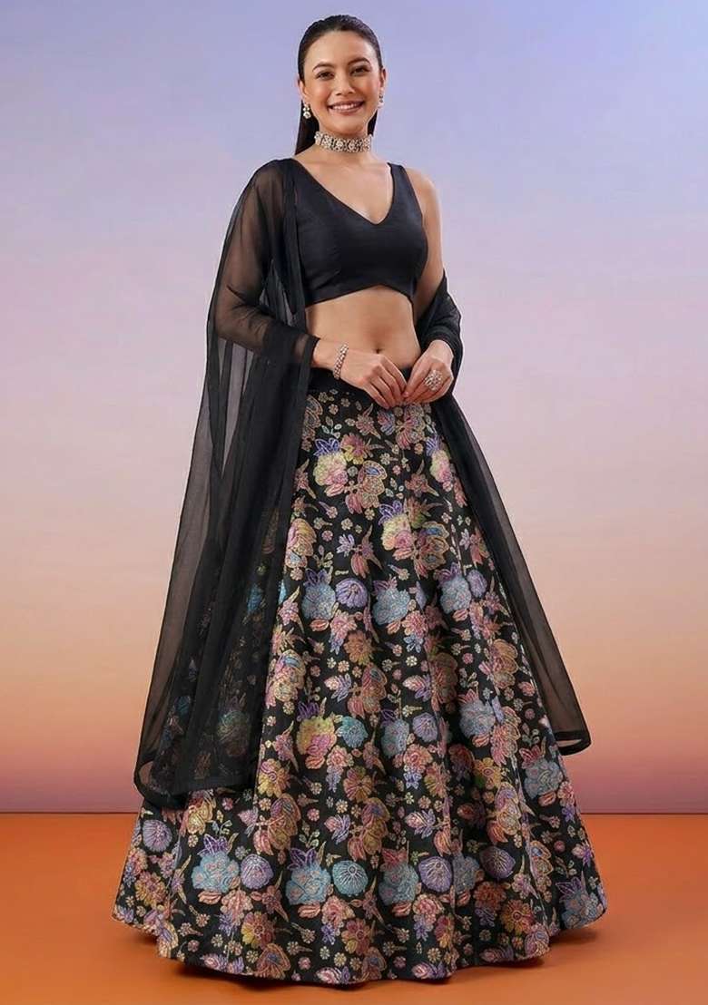 Black Floral Print Chinon Lehenga Set - Indya