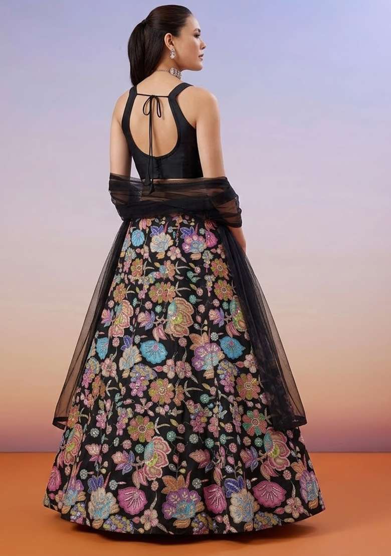Black Floral Print Chinon Lehenga Set - Indya