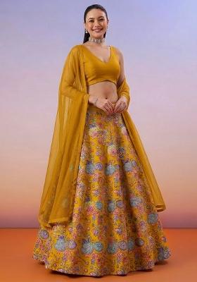 Mustard Floral Print Chinon Lehenga Set