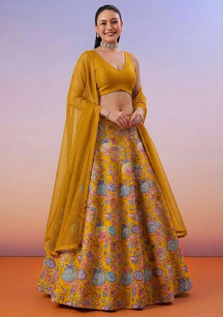 Mustard Floral Print Chinon Lehenga Set - Indya