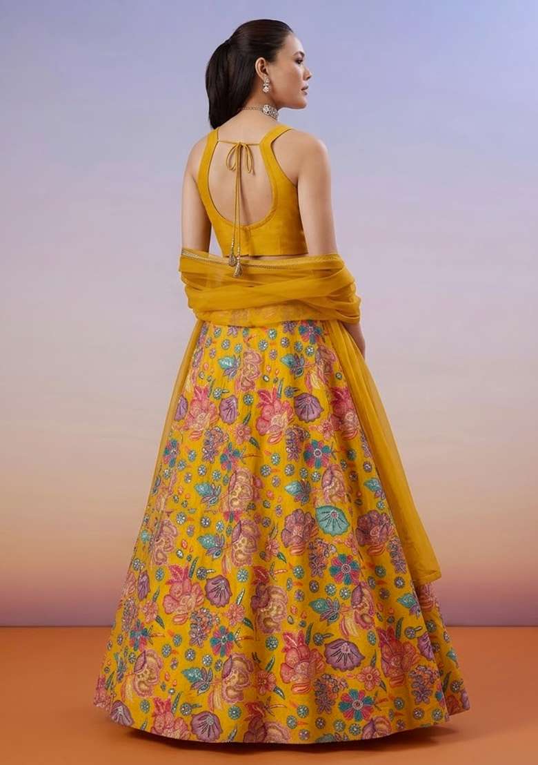 Mustard Floral Print Chinon Lehenga Set - Indya