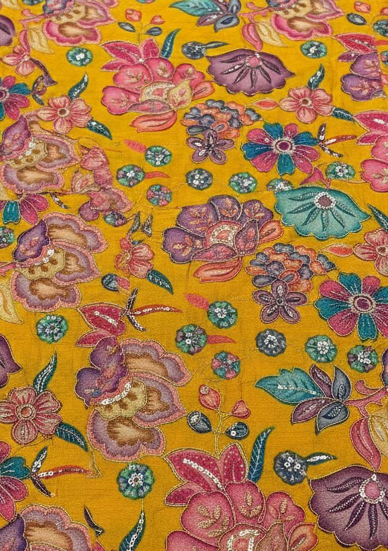 Mustard Floral Print Chinon Lehenga Set - Indya
