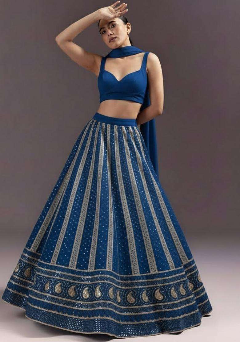 Blue Embroidered Georgette Lehenga Set - Indya