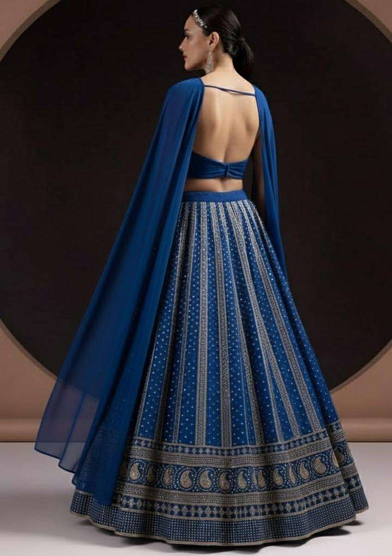 Blue Embroidered Georgette Lehenga Set - Indya