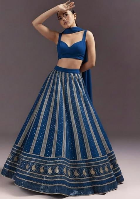 Blue Embroidered Georgette Lehenga Set