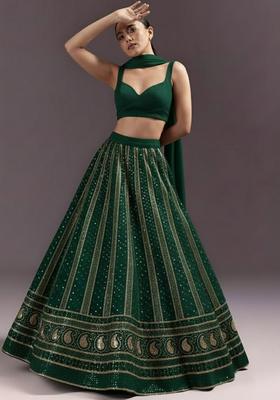 Green Embroidered Georgette Lehenga Set