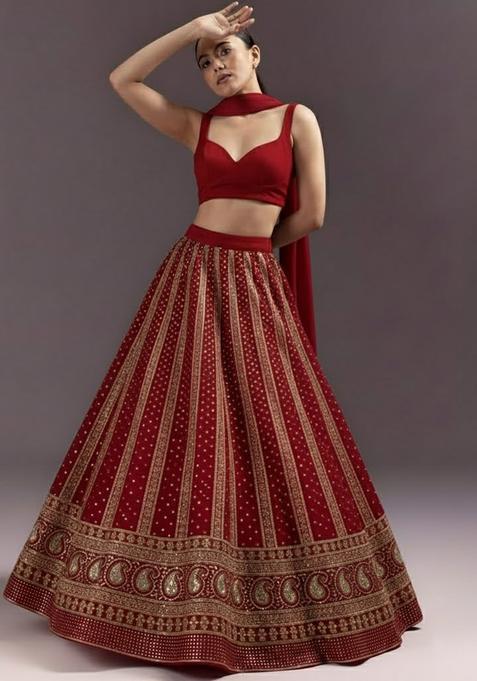Red Embroidered Georgette Lehenga Set