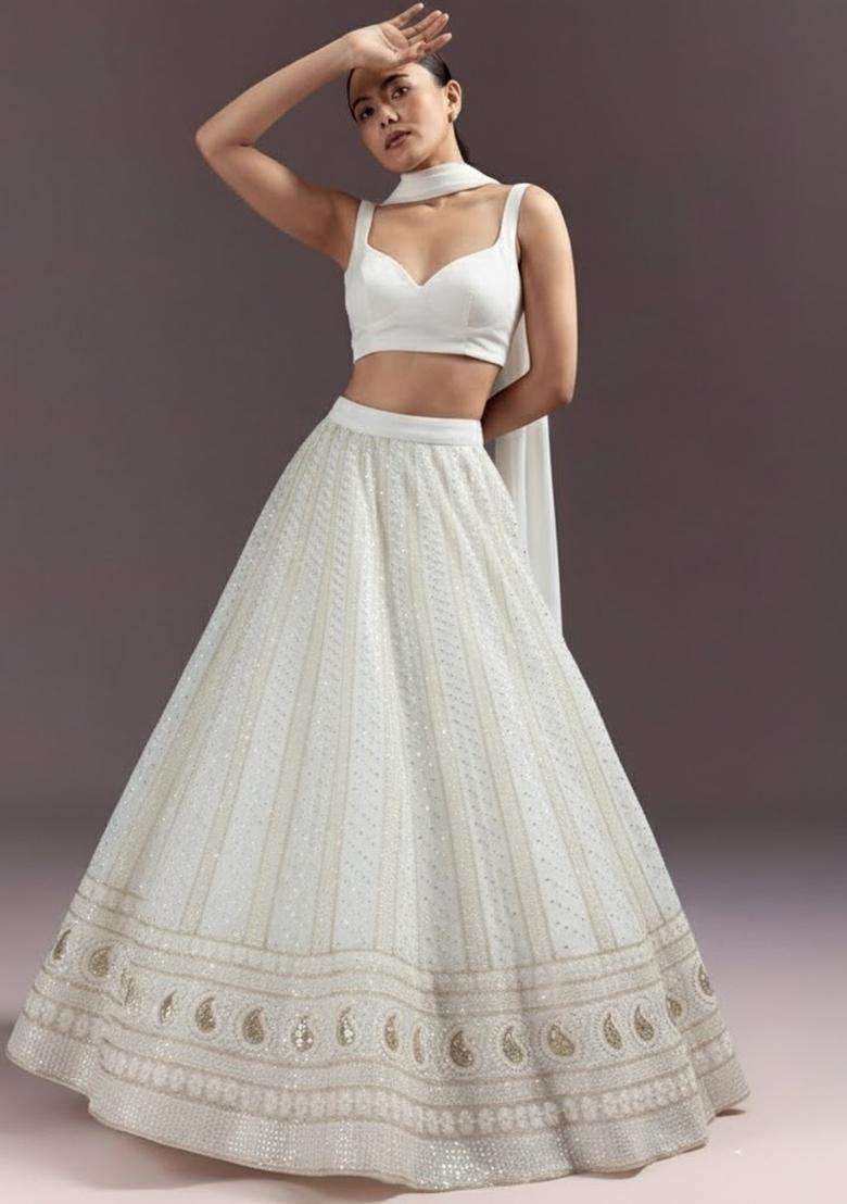 White Embroidered Georgette Lehenga Set - Indya