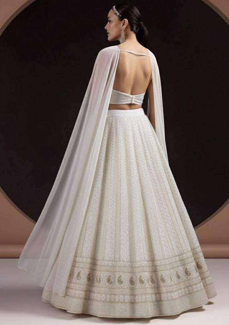 White Embroidered Georgette Lehenga Set - Indya