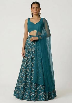 Teal Blue Embroidered Crepe Lehenga Set