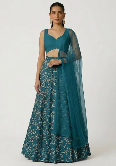 Teal Blue Embroidered Crepe Lehenga Set