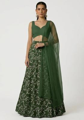 Green Embroidered Crepe Lehenga Set