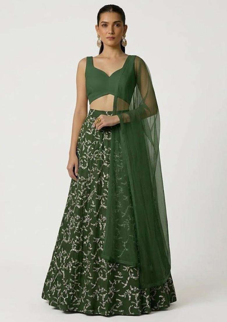 Green Embroidered Crepe Lehenga Set - Indya
