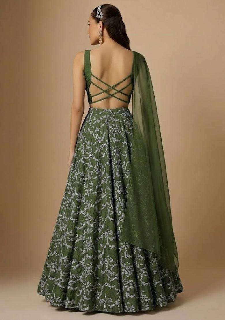 Green Embroidered Crepe Lehenga Set - Indya
