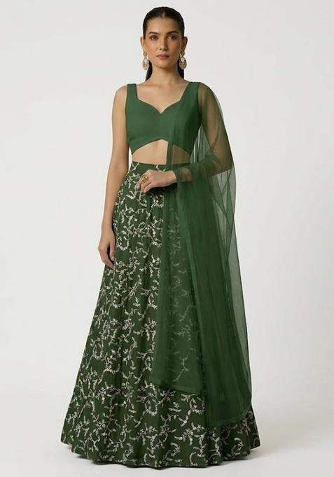Green Embroidered Crepe Lehenga Set