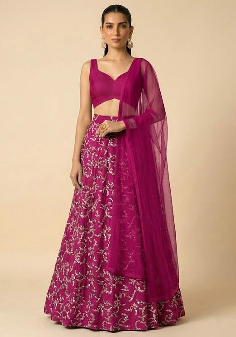Rani Pink Embroidered Crepe Lehenga Set