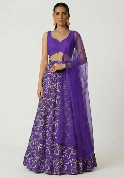 Royal Purple Embroidered Crepe Lehenga Set